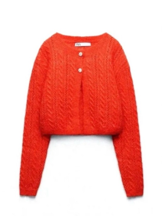 Zara Sweaters - NWT Zara Red Alpaca Wool Blend Crop Cardigan Rhinestone Buttons Sz M